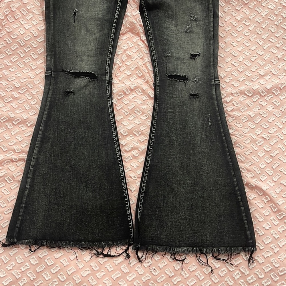 Black/grey distressed flare jeggings with elastic waist line